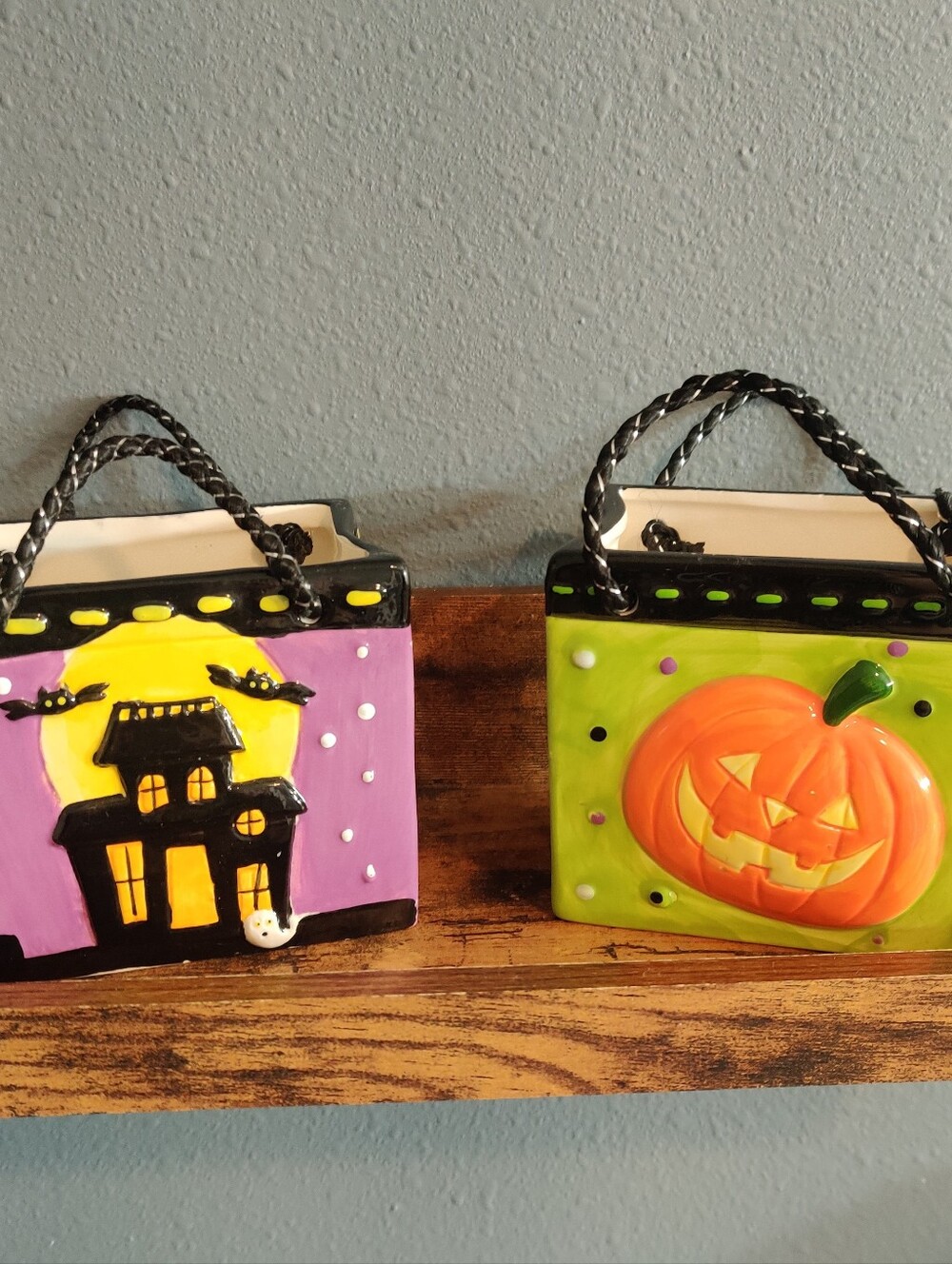 Vintage Ceramic Halloween Trick Or Treat Bags Decor Pumpkin Haunted House Spooky